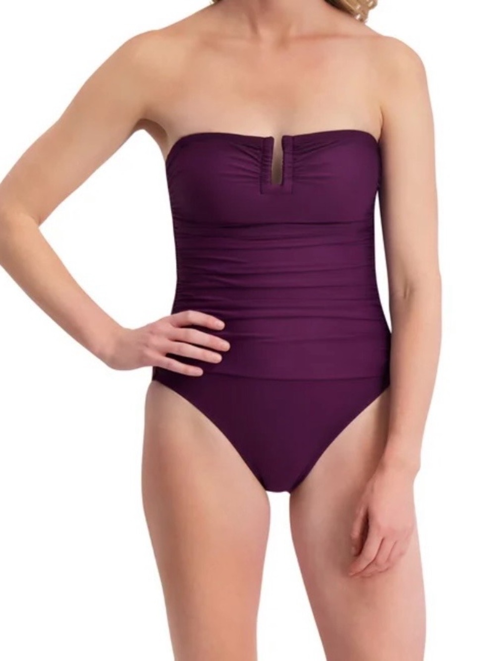 DKNY Strapless One-Piece Swimsuit in Deep Plum Size Small .